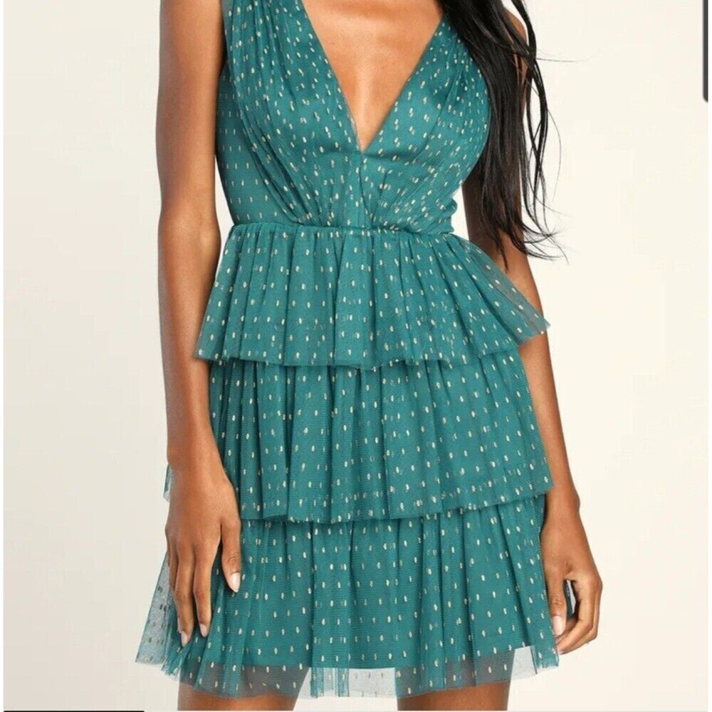 NWT Lulus Forever Sparkling Teal and Gold Dotted Mesh Tiered Mini Dress Size L